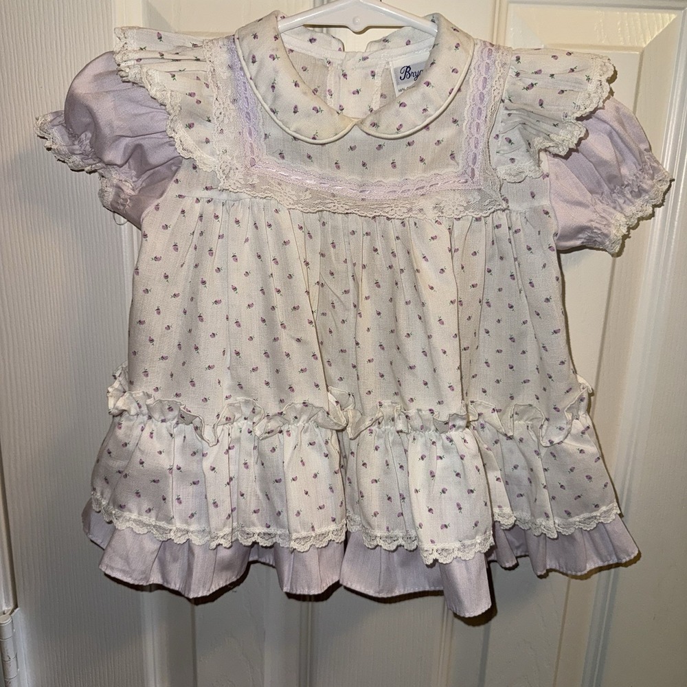 Vintage Bryan Baby Girl Dress 18M Purple Rosebud Floral Lace Ruffle Made In USA